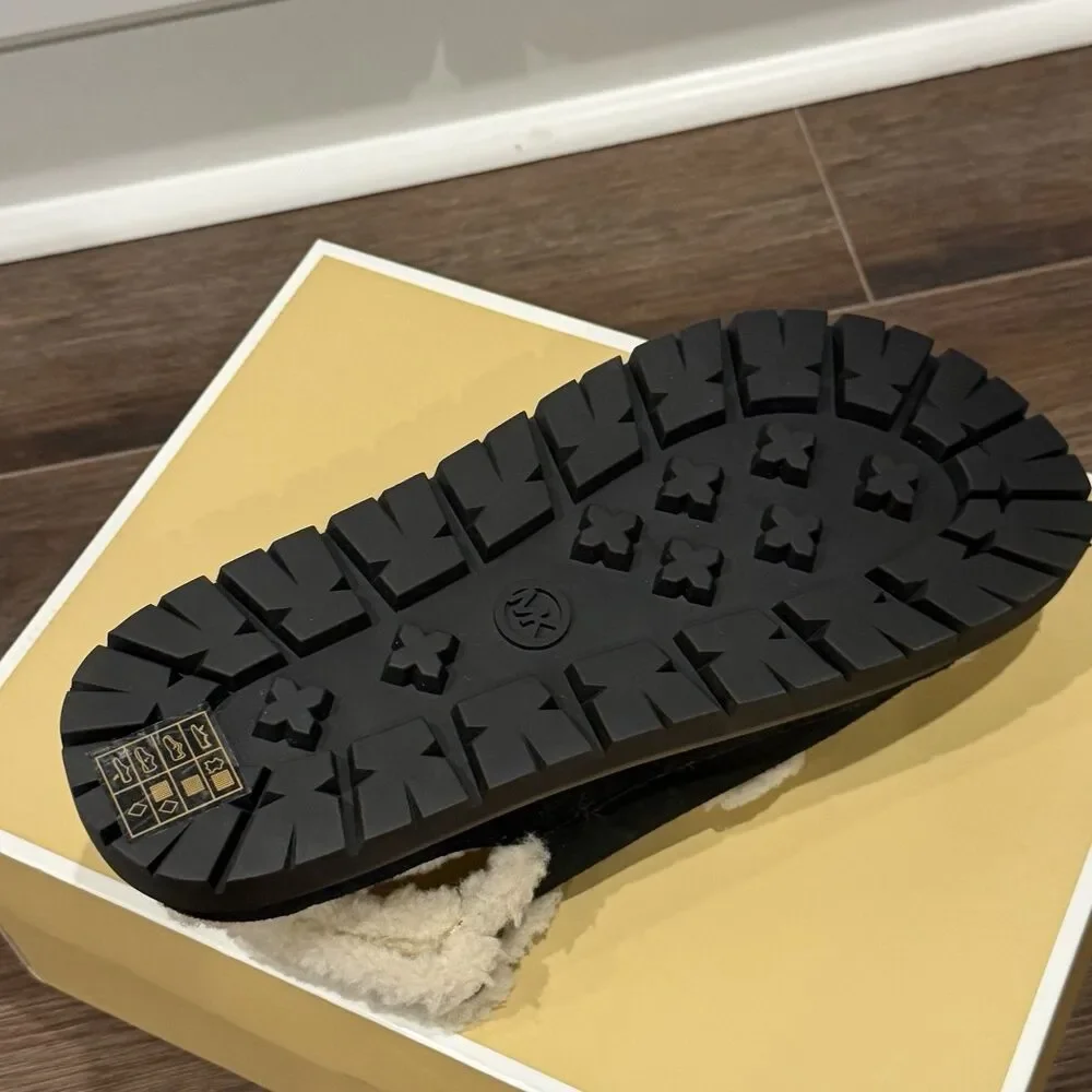 Michael Kors Holland Lug Sandal Faux Shearling Black Womens 9.5M 49F5HLFS1D NIB